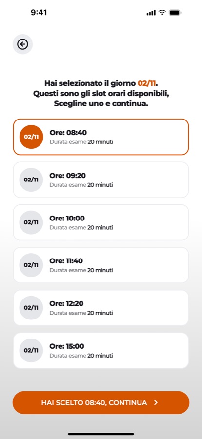 Schermata dell’app: scelta dell’orario per una prenotazione