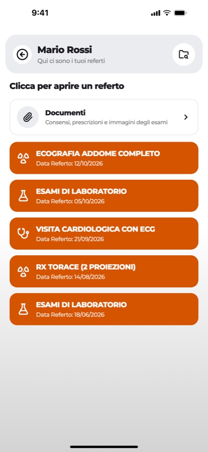 Schermata dell’app: elenco dei referti