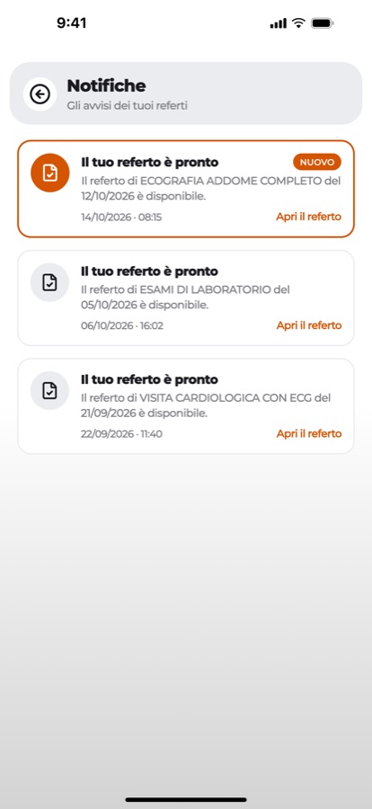 Schermata dell’app: notifiche di referti pronti