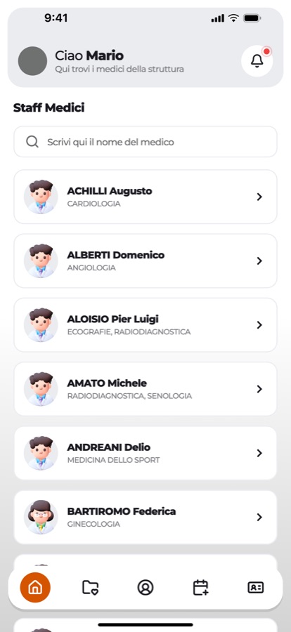 Schermata dell’app: elenco dei medici