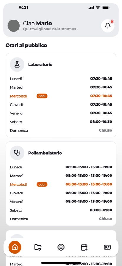 Schermata dell’app: orari al pubblico dei reparti