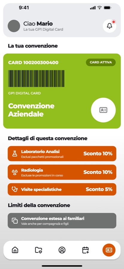 Schermata dell’app: GP1 Digital Card con la convenzione attiva