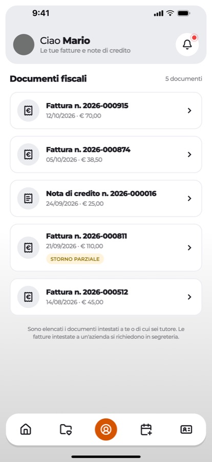 Schermata dell’app: elenco delle fatture