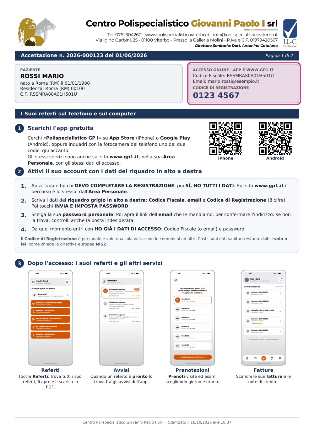 Facsimile del fronte del foglio di delega e ritiro referti. Nel riquadro grigio in alto a destra, evidenziato: Codice Fiscale, Email e Codice di Registrazione del paziente (dati di esempio).